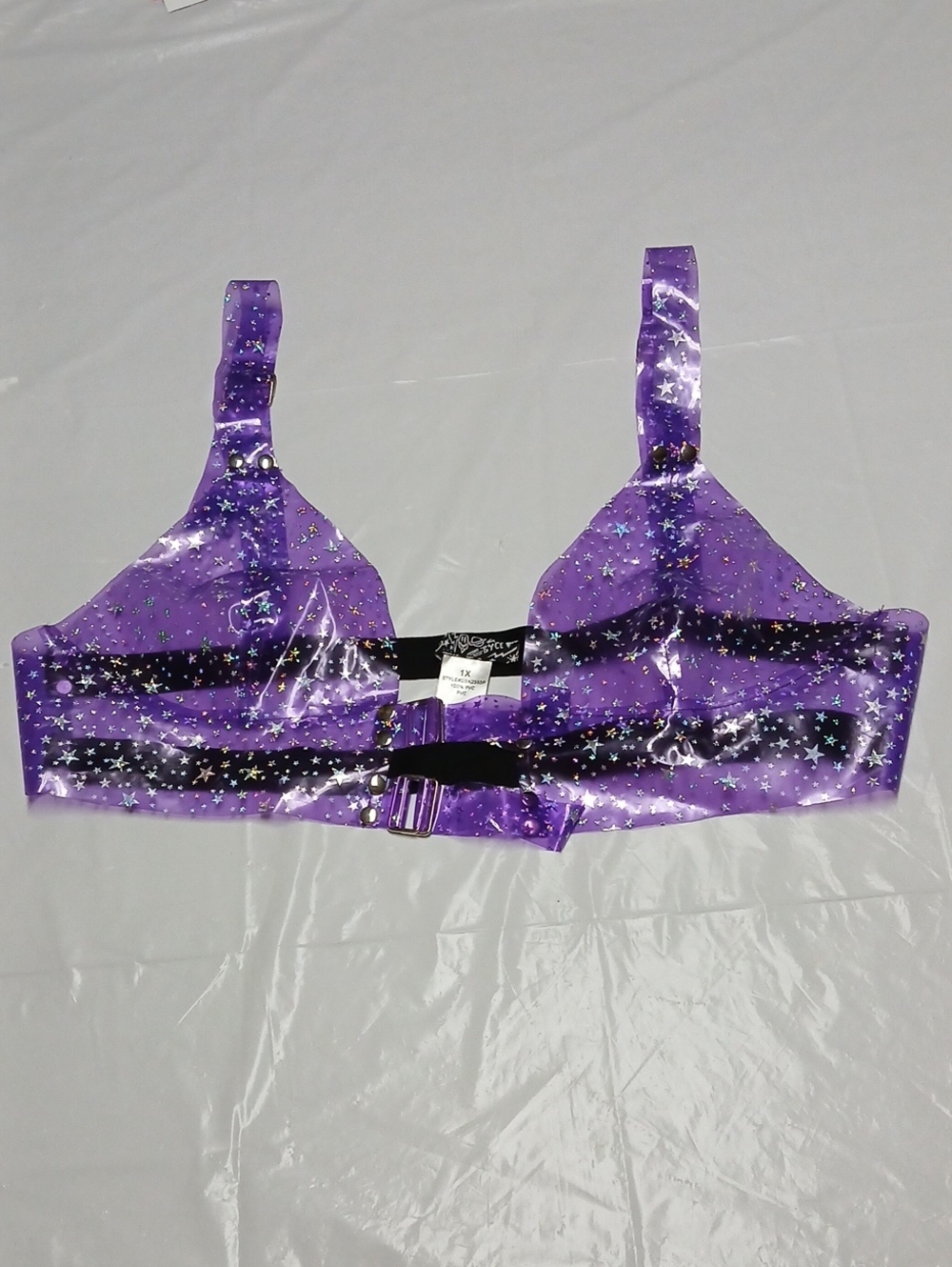 Dolls Kill Purple Clear Vinyl Glitter Star Bustier Top w/ Buckle Straps 1X Rave